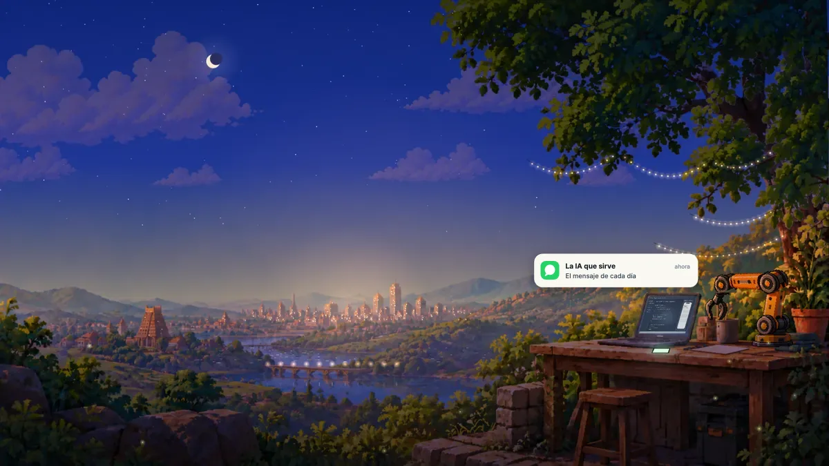 El taller al atardecer: luces en la ciudad, guirnaldas bajo el árbol y un móvil que recibe el mensaje de La IA que sirve.