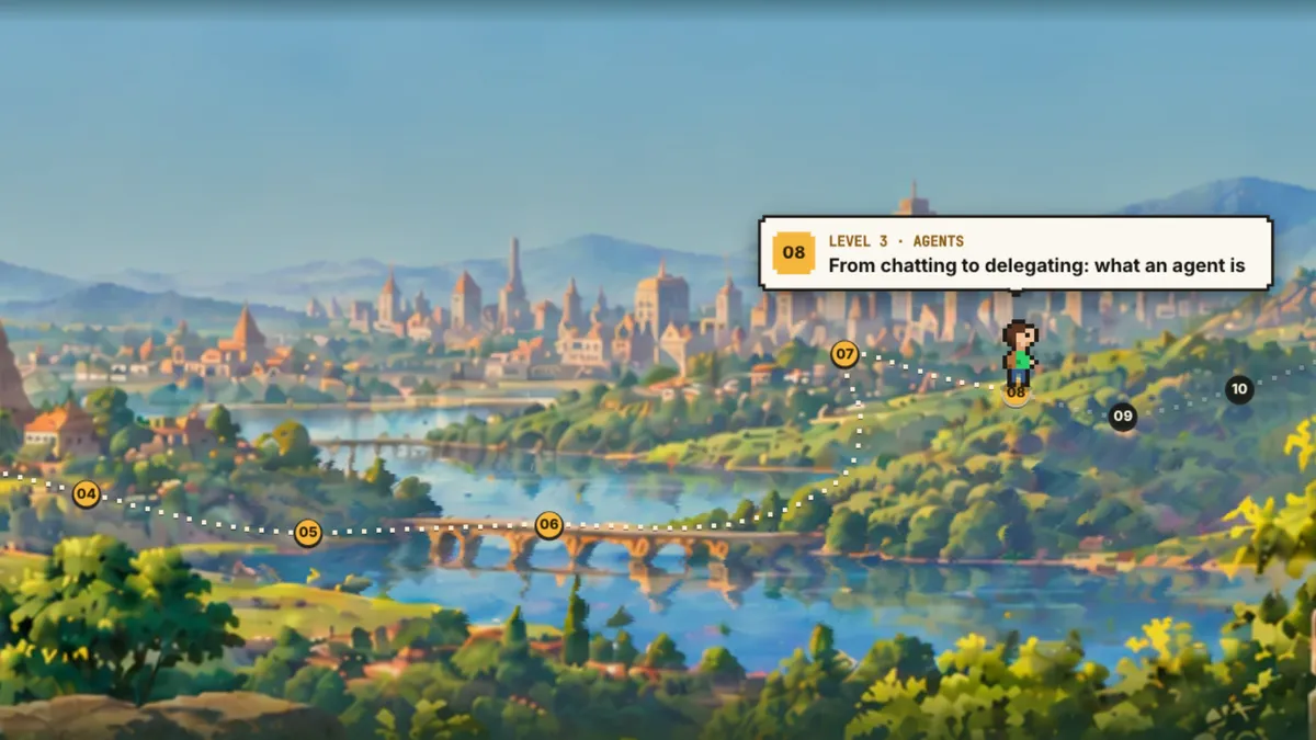A dotted trail crosses the valley, the river and the city with numbered stops. A walker reaches stop 08, «From chatting to delegating: what an agent is».