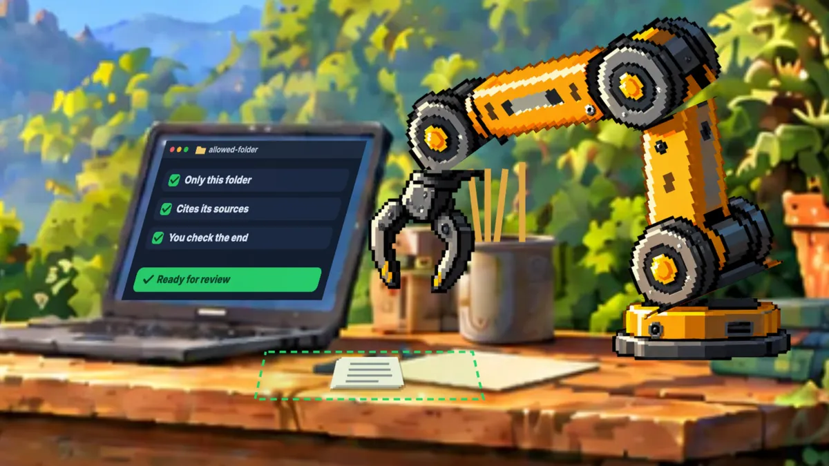 On the workshop laptop, the allowed folder with its three rules ticked and a green notice: «Ready for review». The robot arm leaves the papers inside the marked area.