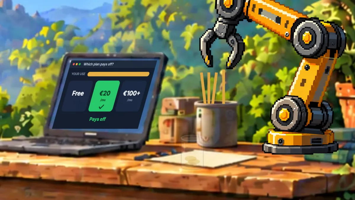 On the workshop laptop, between the free plan, the €20 one and the €100+ one, the €20 plan is marked as the one that pays off. Next to it, the robot arm and a jar of coins.