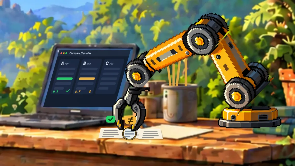 On the workshop laptop, three quotes in columns, A, B and C, with the page of each figure. The robot arm goes over the papers with a magnifying glass.
