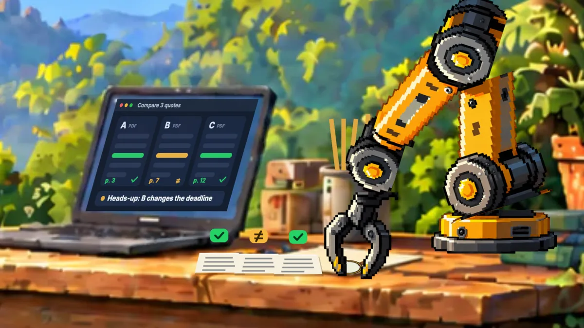 The workshop robot arm reviews three quotes with a magnifying glass and marks two as matching and one as different, while the laptop warns that B changes the deadline.