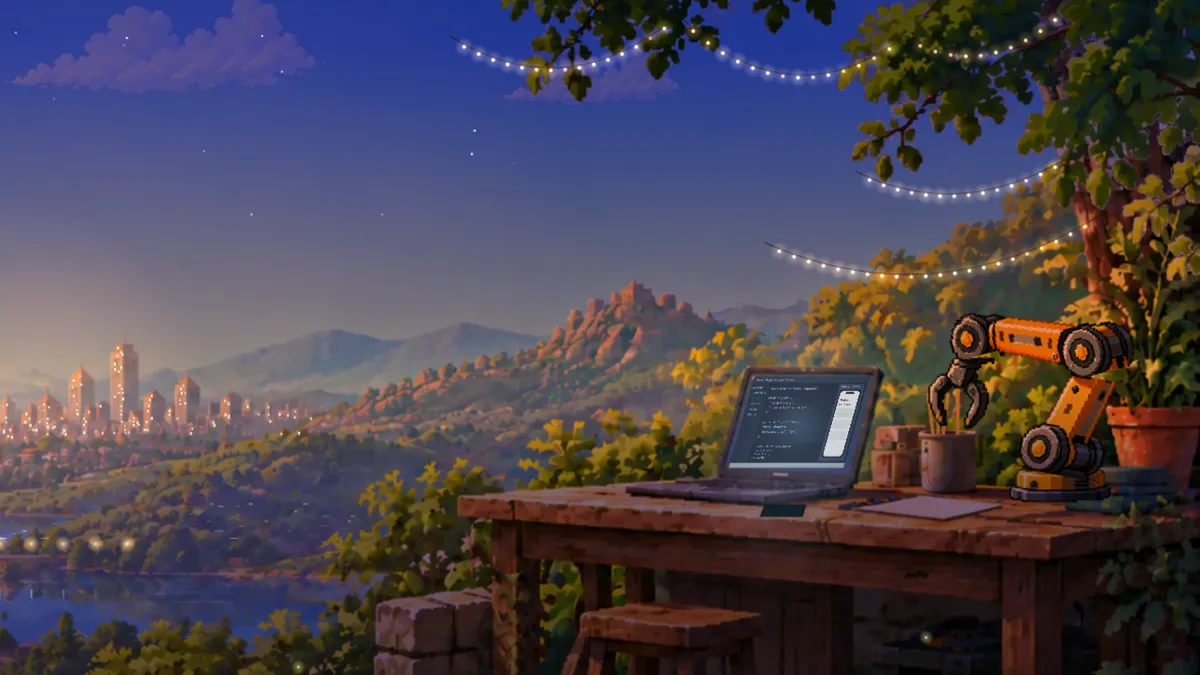 The workshop desk at nightfall, with the laptop on next to the robot arm and string lights in the tree.