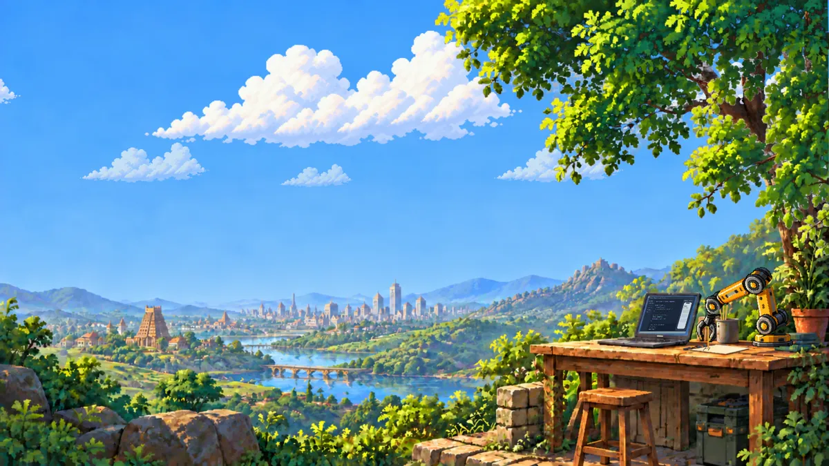 The La IA que sirve workshop: a wooden desk with a laptop and a robot arm, looking over a valley with a river and a city.