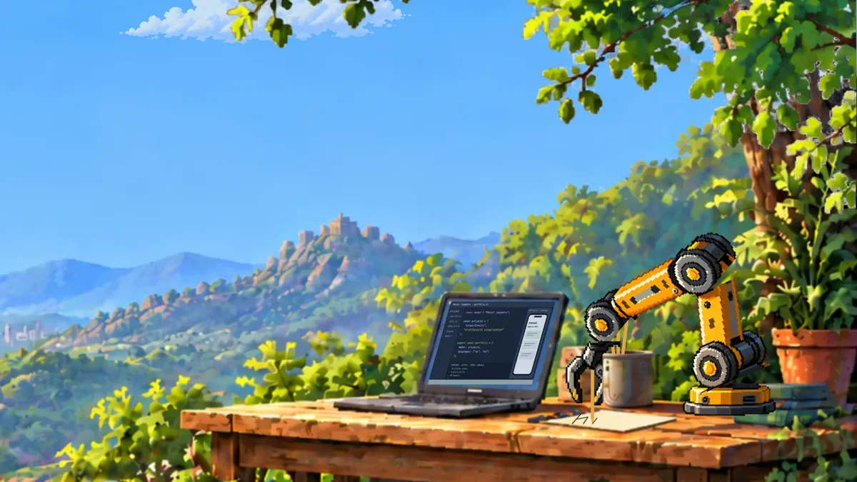 A wooden desk with a laptop and a robot arm, outdoors among trees, looking over a valley and mountains.